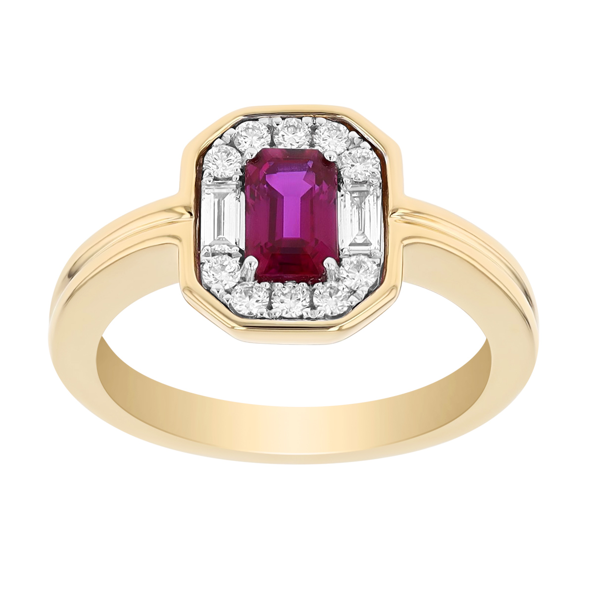 Emerald Cut Ruby & Multi Shape Diamond Halo Ring in Two Tone