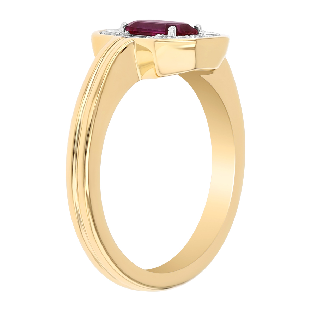 Emerald Cut Ruby & Multi Shape Diamond Halo Ring in Two Tone