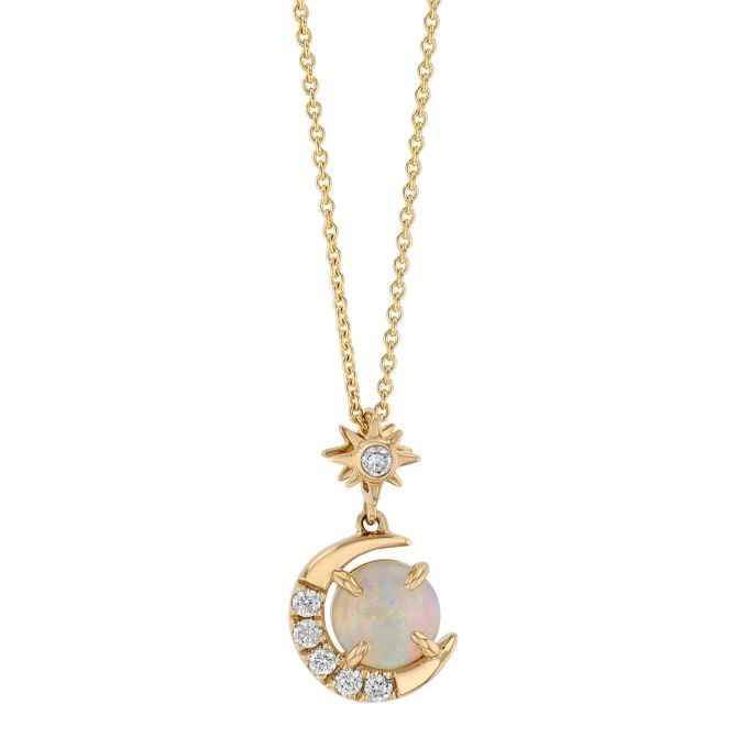 Round Cabochon Opal & Diamond Crescent Moon and Star Pendant in Yellow Gold