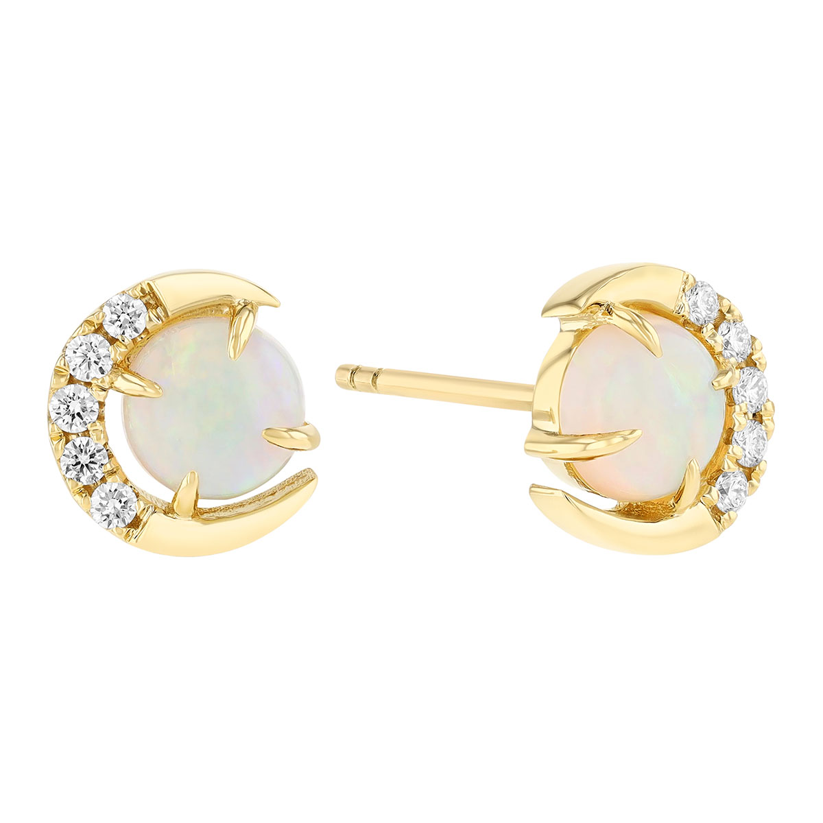 Round Cabochon Opal & Diamond Crescent Moon Stud Earrings in Yellow Gold