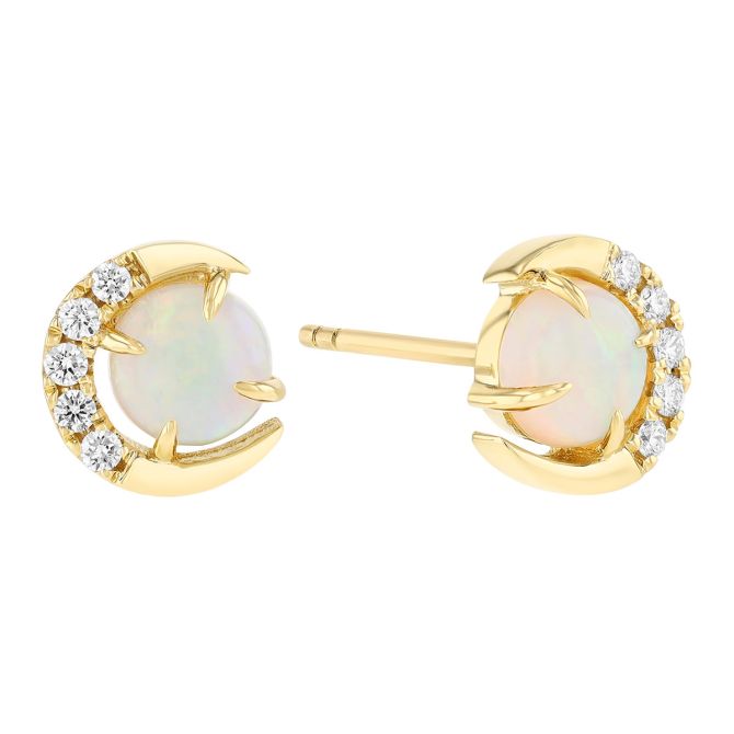 Round Cabochon Opal & Diamond Crescent Moon Stud Earrings in Yellow Gold