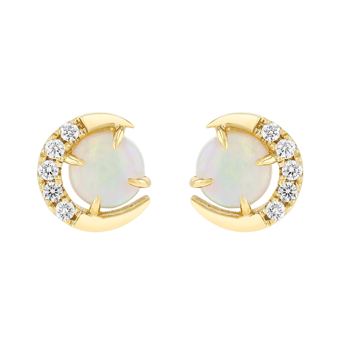 Round Cabochon Opal & Diamond Crescent Moon Stud Earrings in Yellow Gold