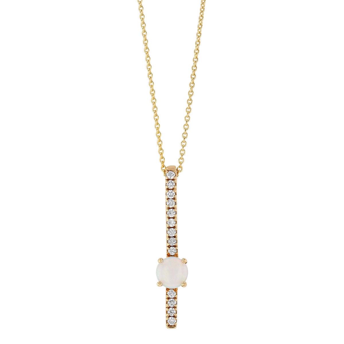 Round Cabochon Opal & Diamond Vertical Bar Pendant in Yellow Gold