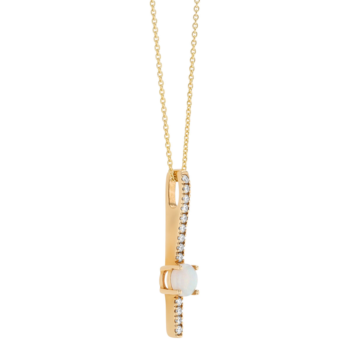 Round Cabochon Opal & Diamond Vertical Bar Pendant in Yellow Gold