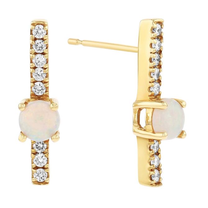 Round Cabochon Opal & Diamond Vertical Bar Earrings in Yellow Gold