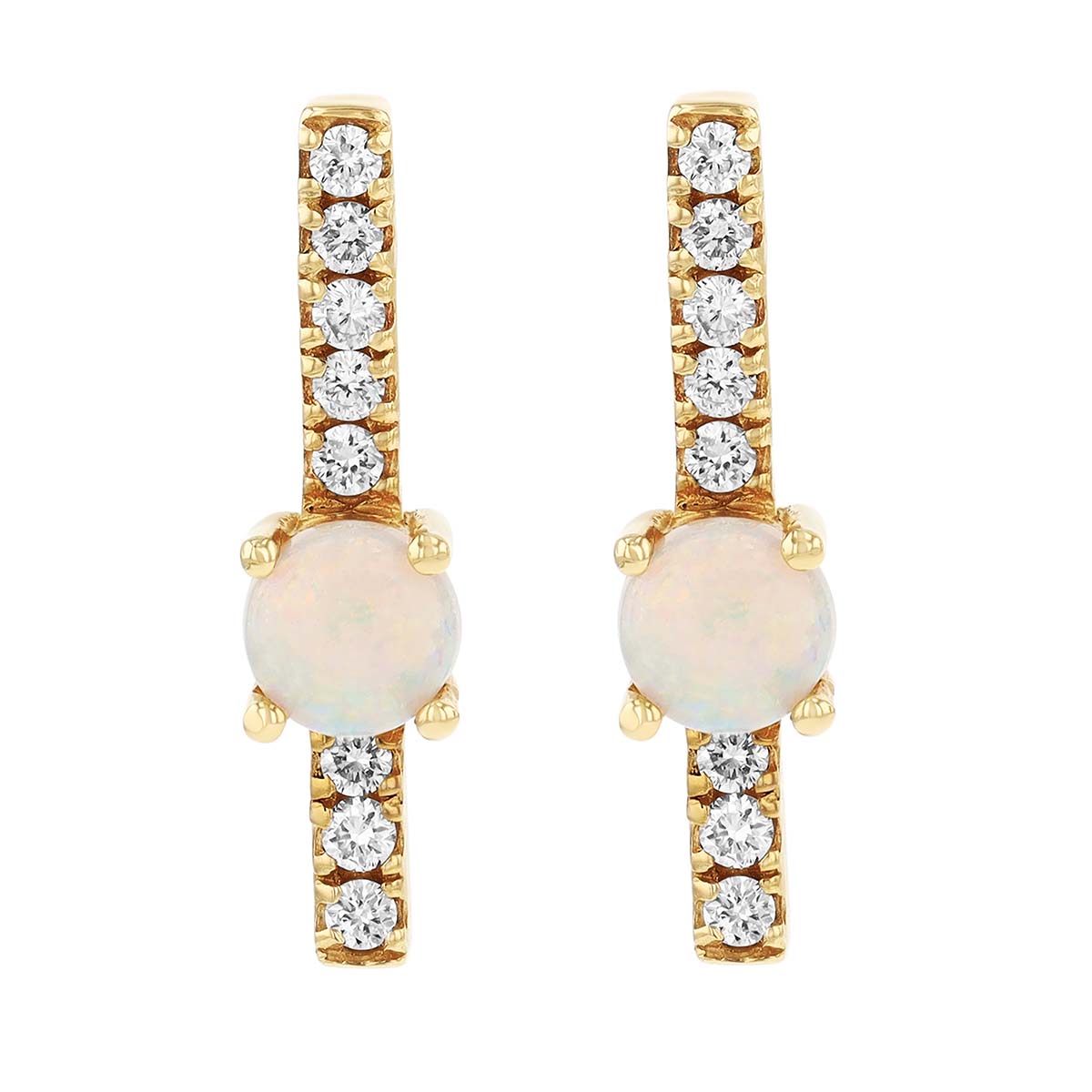 Round Cabochon Opal & Diamond Vertical Bar Earrings in Yellow Gold