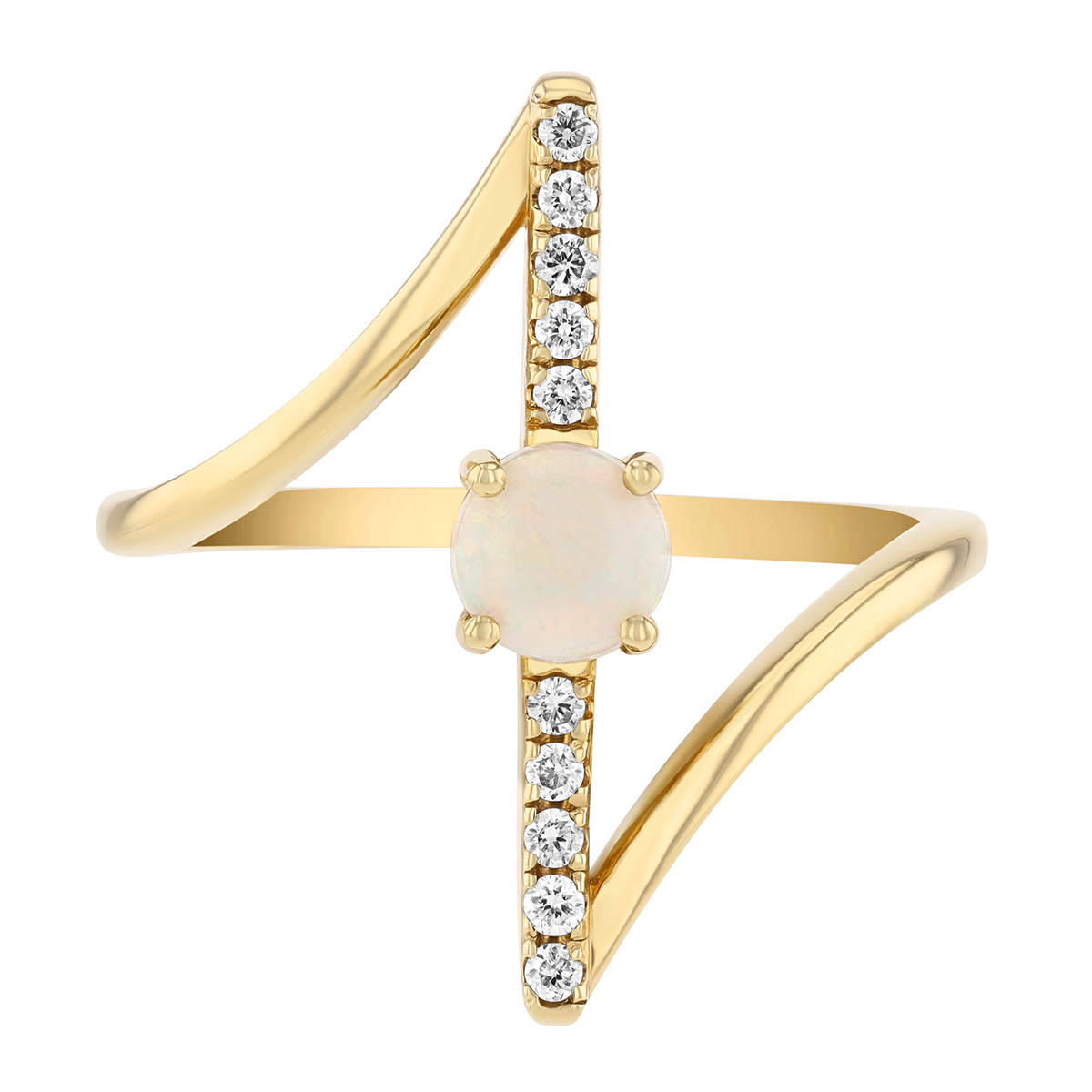 Round Cabochon Opal & Diamond Bar Ring in Yellow Gold