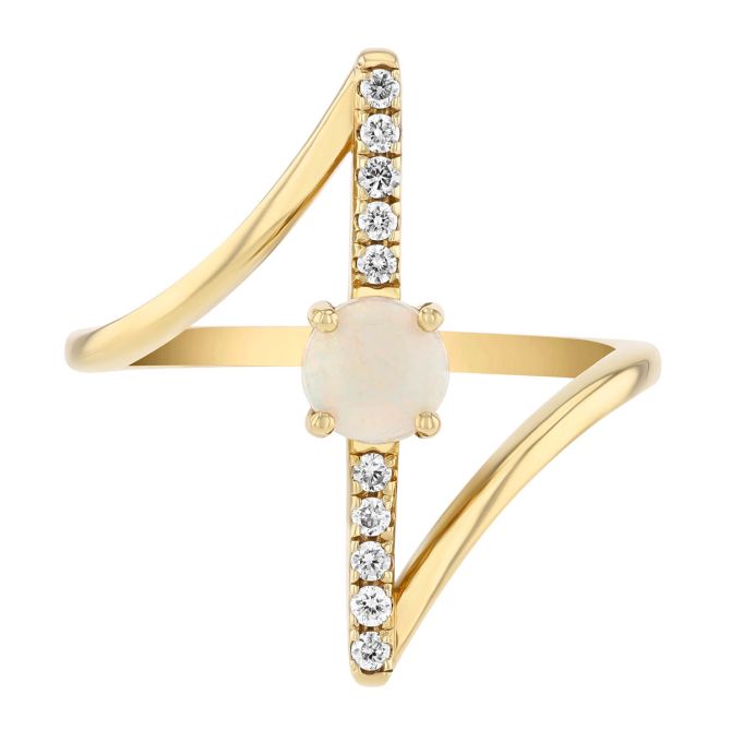 Round Cabochon Opal & Diamond Bar Ring in Yellow Gold
