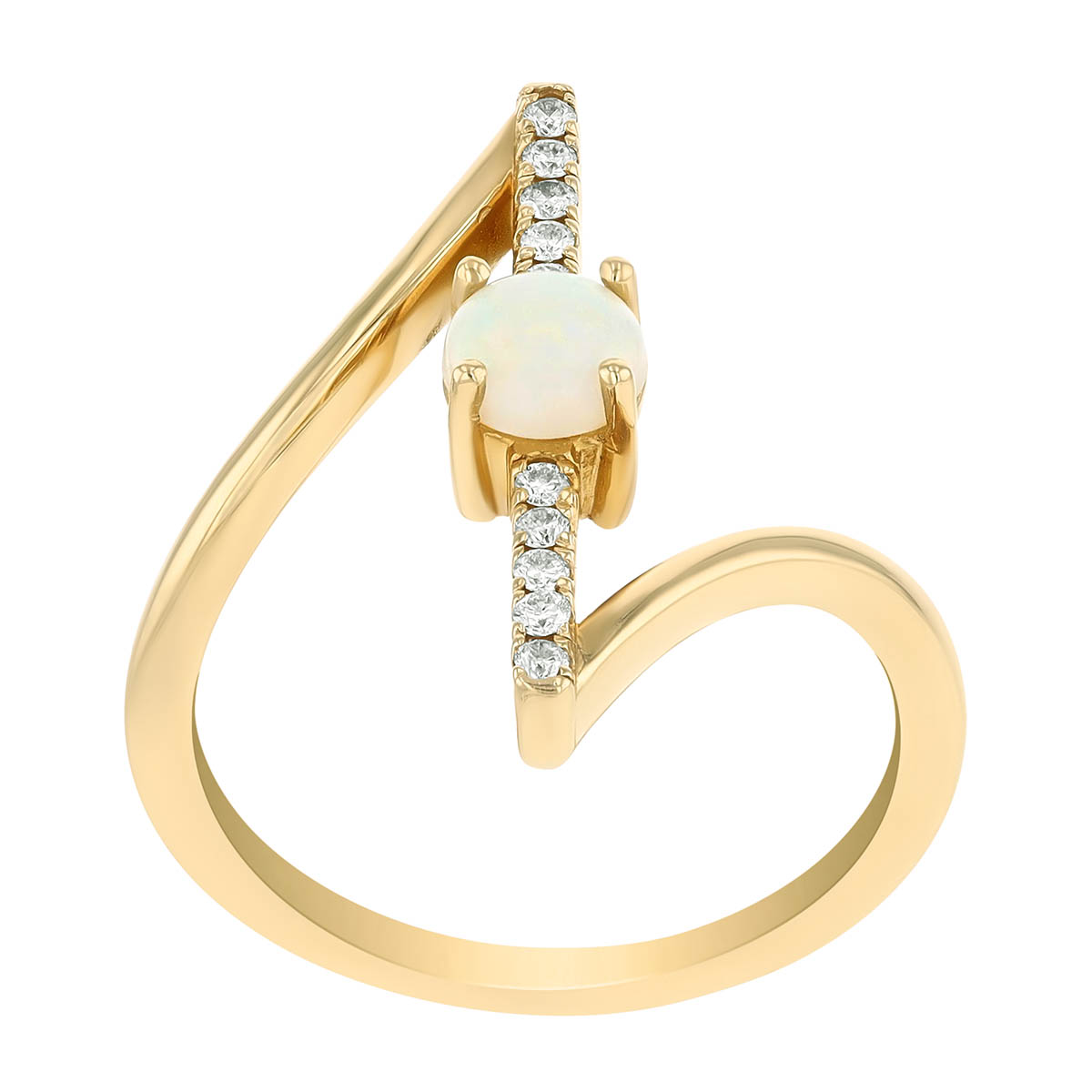 Round Cabochon Opal & Diamond Bar Ring in Yellow Gold