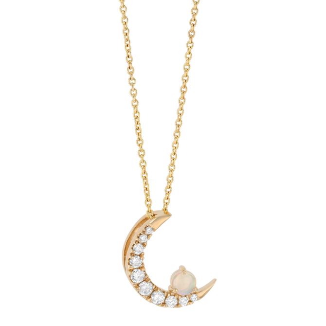 Round Cabochon Opal & Diamond Crescent Moon Pendant in Yellow Gold