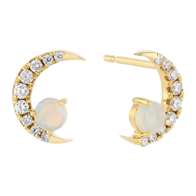 Round Cabochon Opal & Diamond Crescent Moon Drop Stud Earrings in Yellow Gold