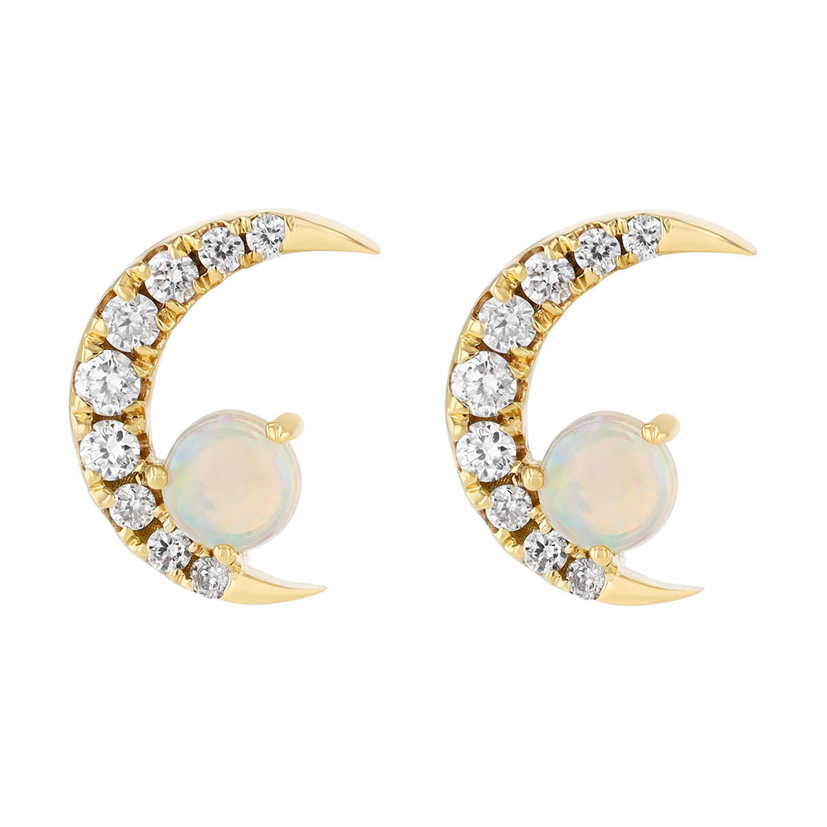 Round Cabochon Opal & Diamond Crescent Moon Drop Stud Earrings in Yellow Gold
