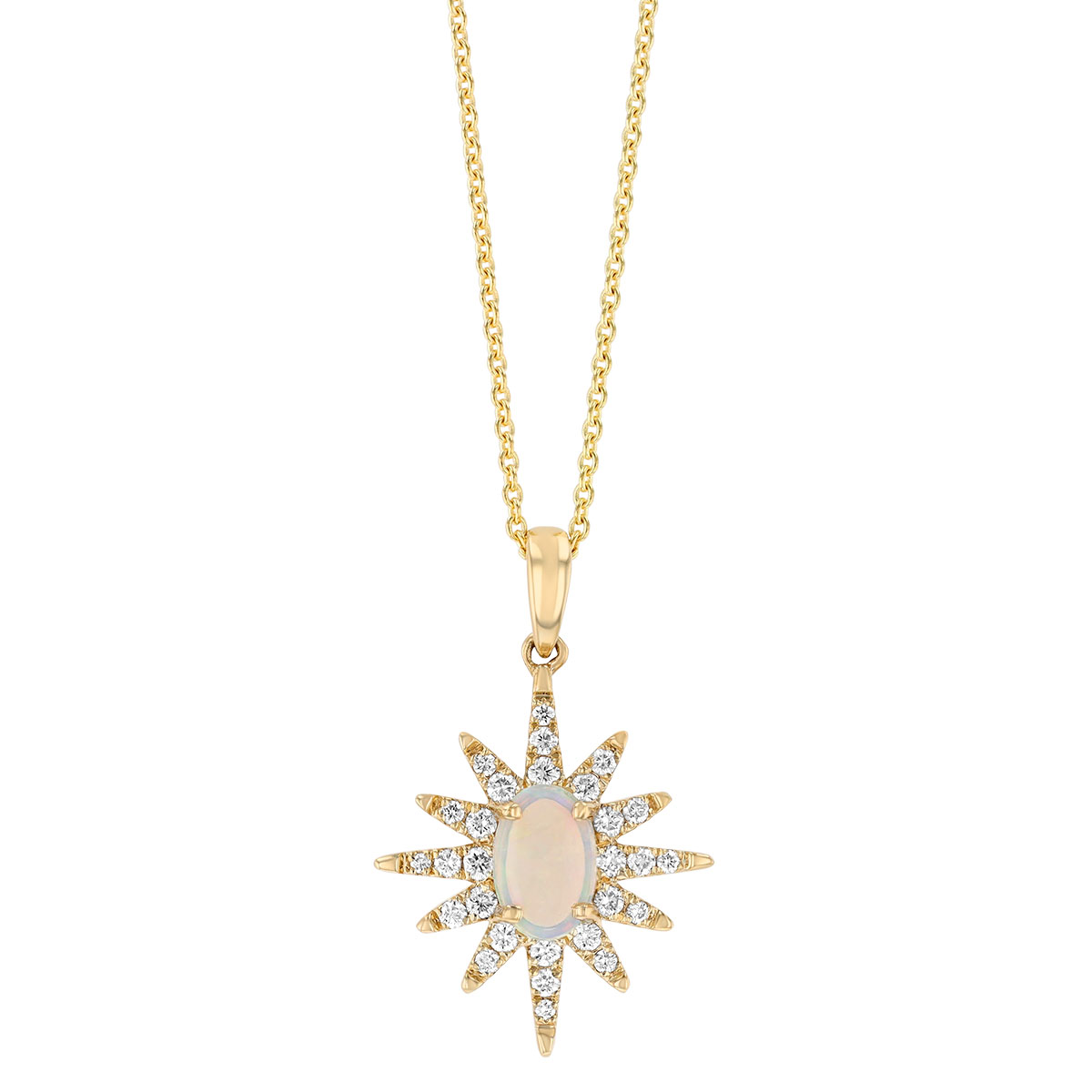 Oval Cabochon Opal & Diamond Starburst Pendant in Yellow Gold