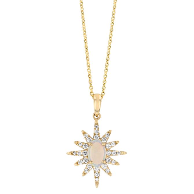 Oval Cabochon Opal & Diamond Starburst Pendant in Yellow Gold
