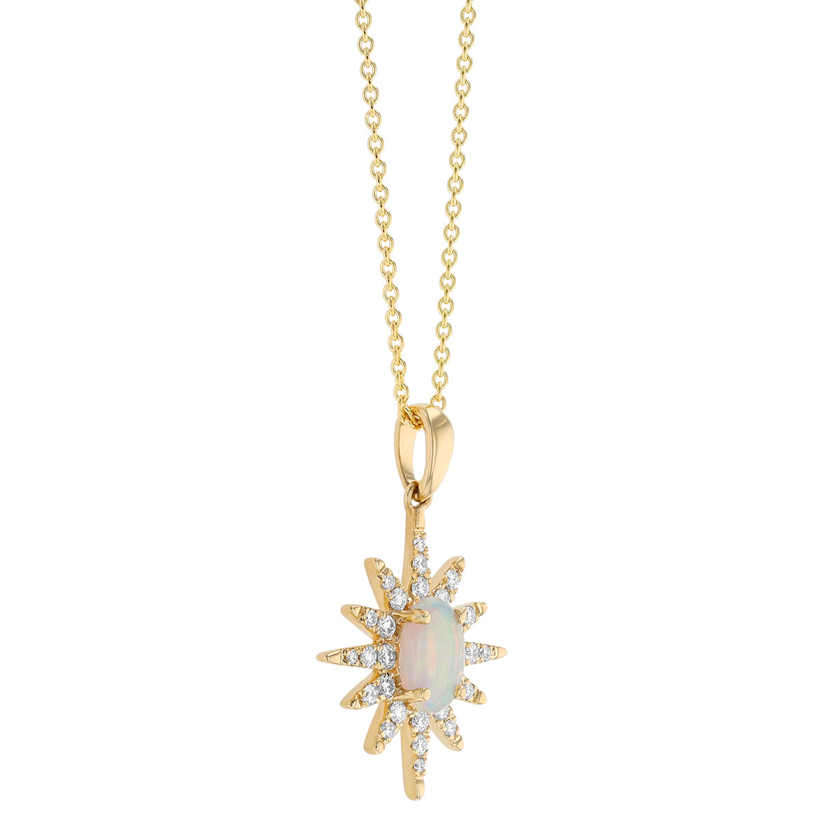 Oval Cabochon Opal & Diamond Starburst Pendant in Yellow Gold