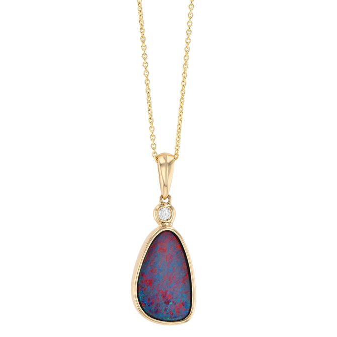 Bezel Set Opal & Diamond Pendant in Yellow Gold