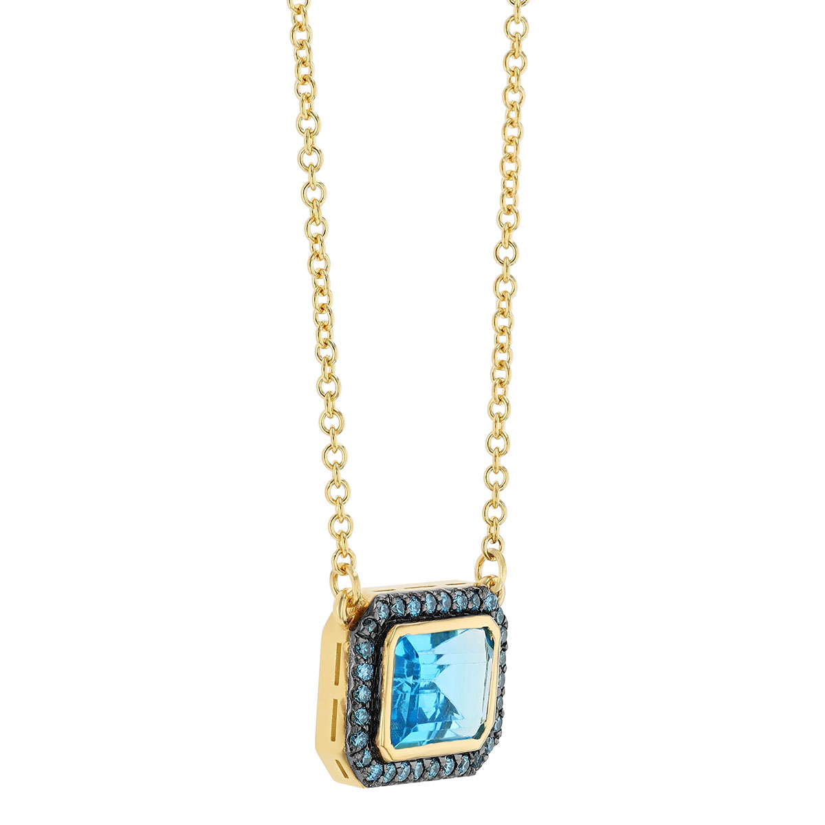 Marika Emerald Cut Topaz & Halo Pendant in Yellow Gold