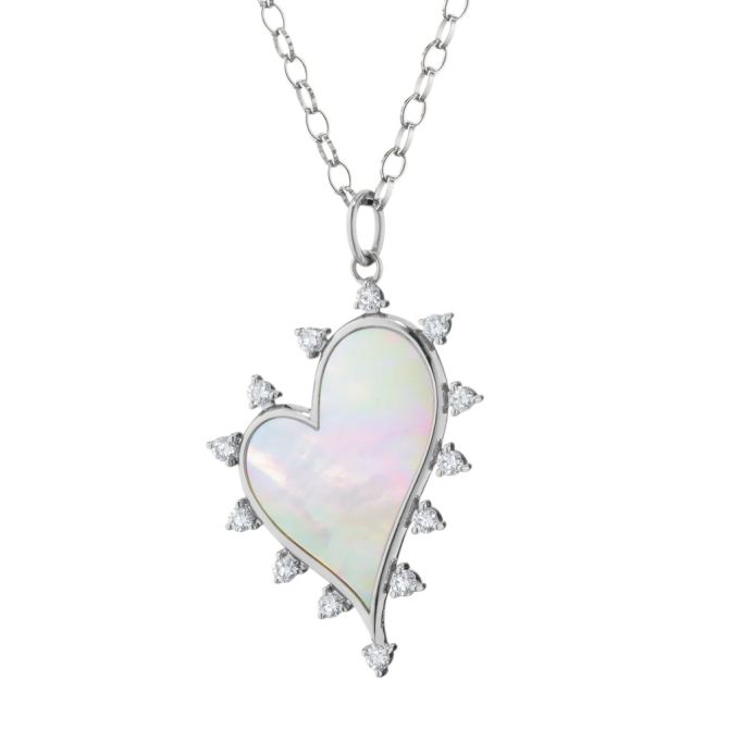 Monica Rich Kosann Mother of Pearl & White Sapphire Large Heart Pendant in Sterling Silver, 18"