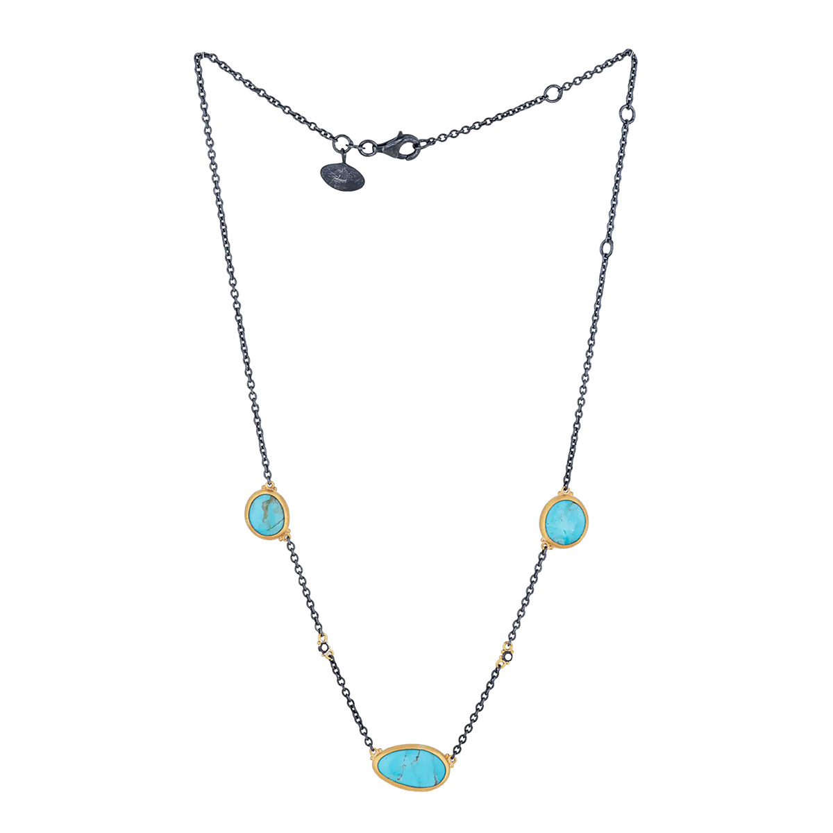 Lika Behar Bezel Set Turquoise 3 Station Necklace in Oxidized Sterling Silver & Yellow Gold, 18