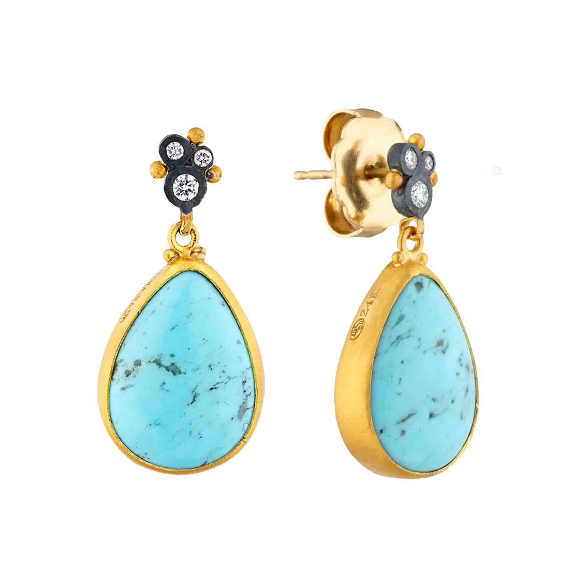 Lika Behar Bezel Set Pear Shape Turquoise Dangle Earrings in Yellow Gold & Sterling Silver