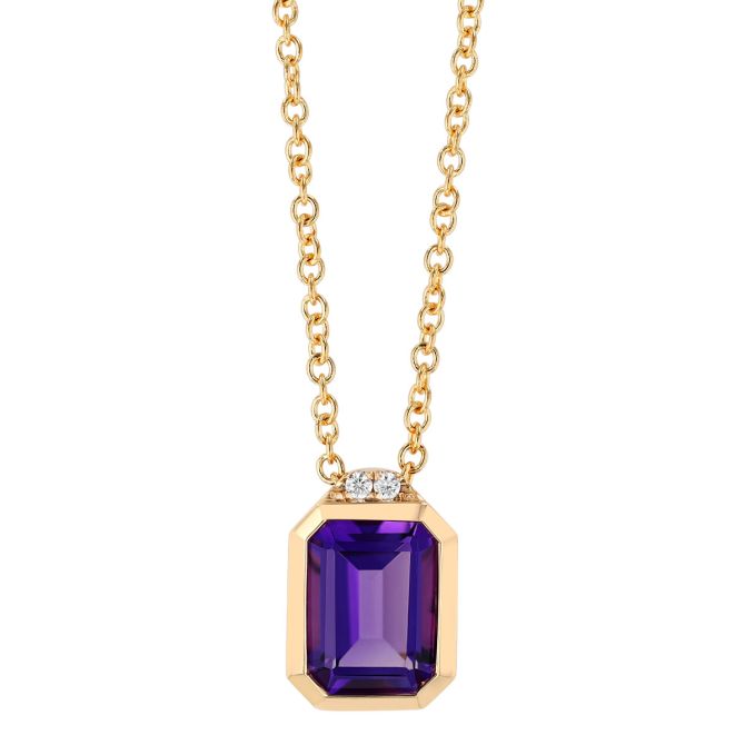 Bezel Set Emerald Cut Amethyst & Diamond Pendant in Yellow Gold, 18"