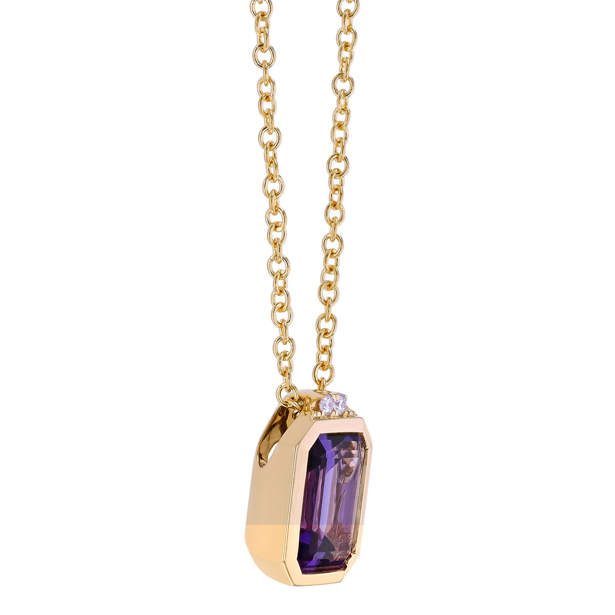 Bezel Set Emerald Cut Amethyst & Diamond Pendant in Yellow Gold, 18