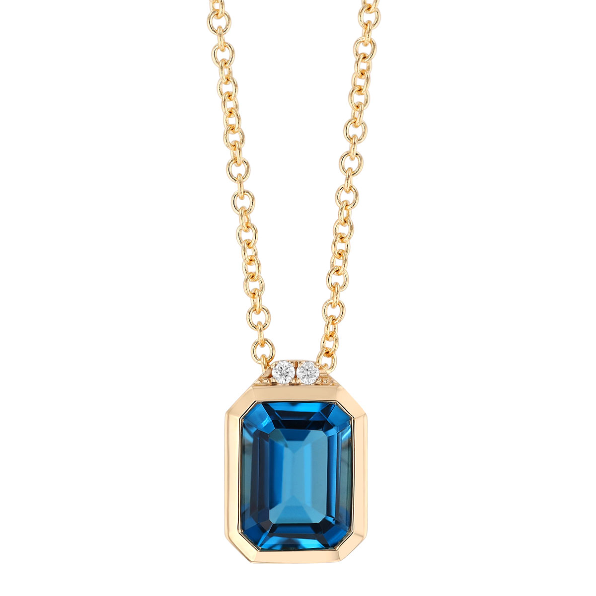 Bezel Set Emerald Cut Topaz & Diamond Pendant in Yellow Gold, 18
