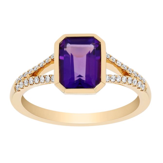 Bezel Set Emerald Cut Amethyst & Diamond Ring in Yellow Gold