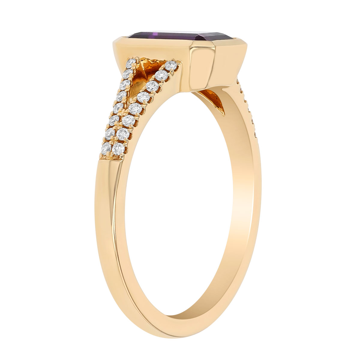 Bezel Set Emerald Cut Amethyst & Diamond Ring in Yellow Gold