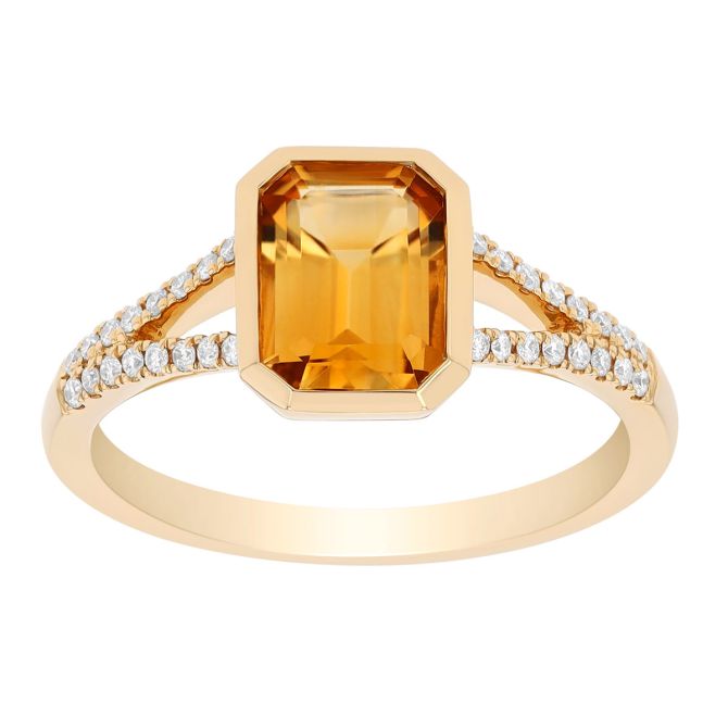Bezel Set Emerald Cut Citrine & Diamond Ring in Yellow Gold