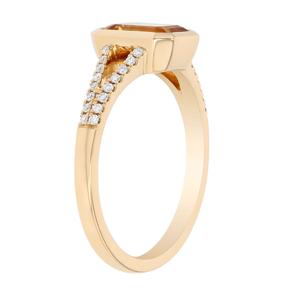 Bezel Set Emerald Cut Citrine & Diamond Ring in Yellow Gold