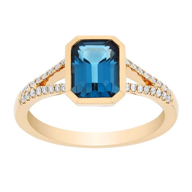 Bezel Set Emerald Cut Topaz & Diamond Ring in Yellow Gold