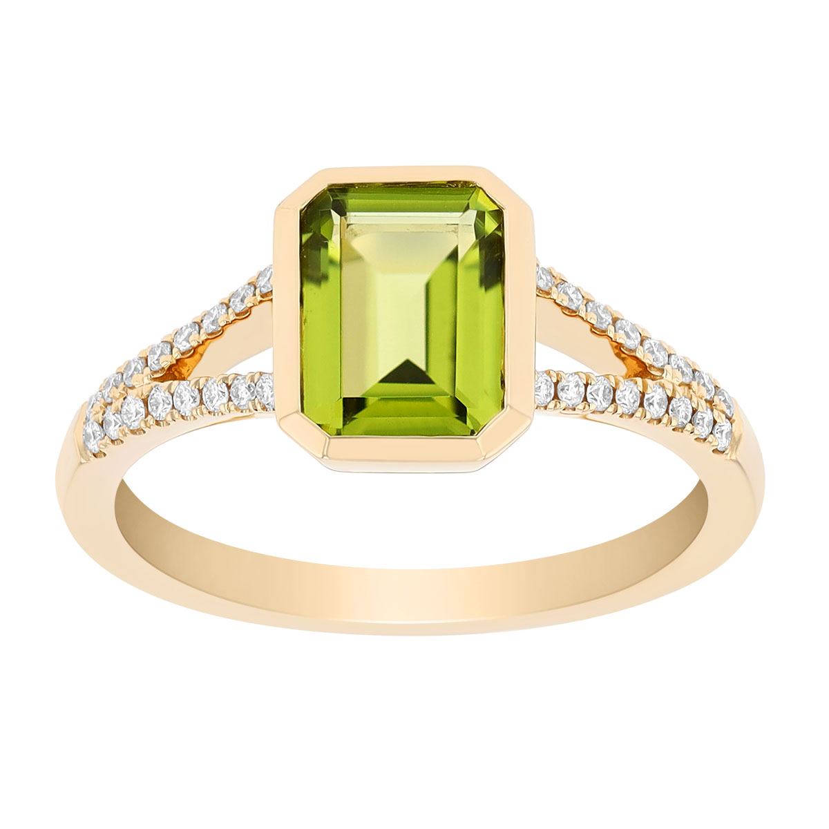 Bezel Set Emerald Cut Peridot & Diamond Ring in Yellow Gold