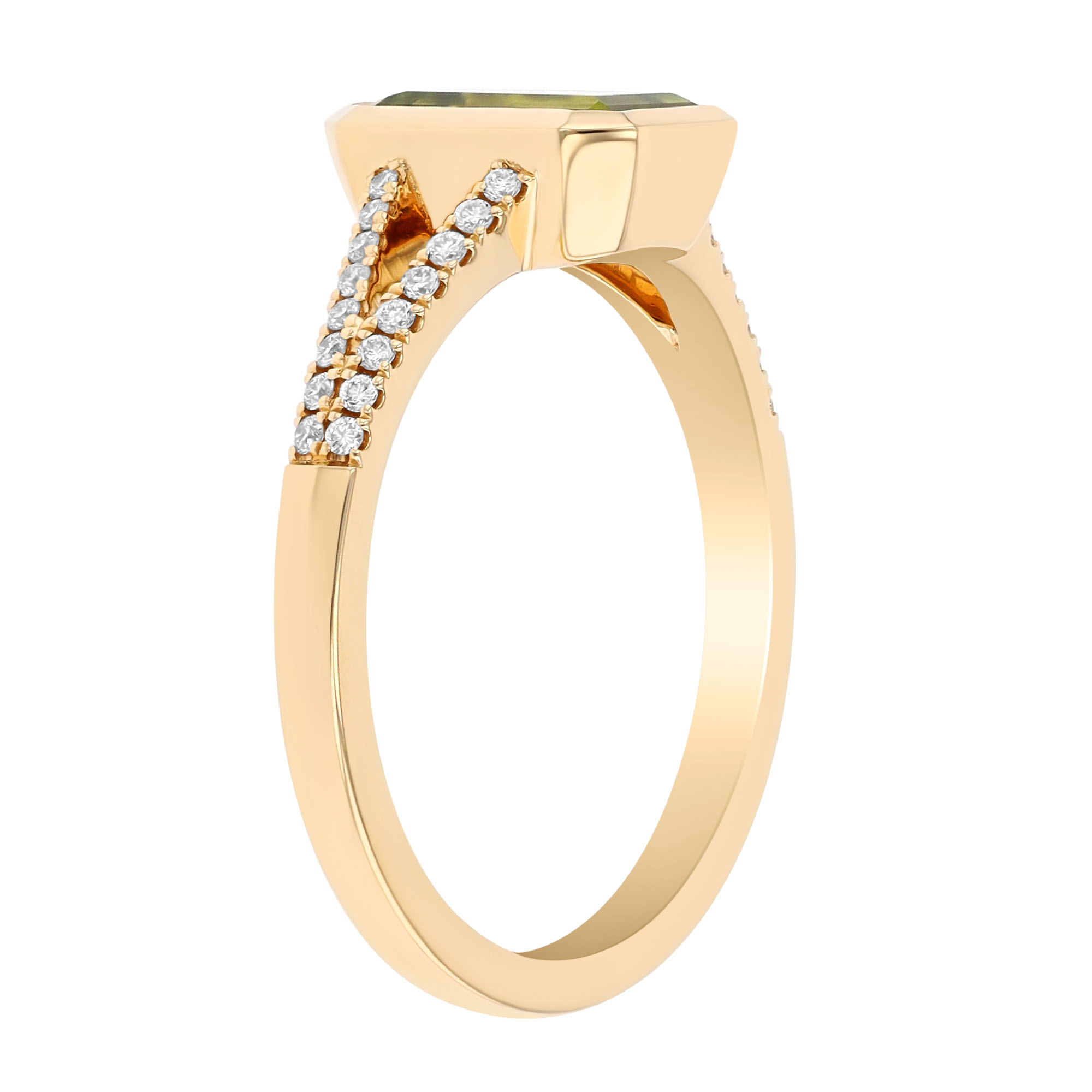 Bezel Set Emerald Cut Peridot & Diamond Ring in Yellow Gold