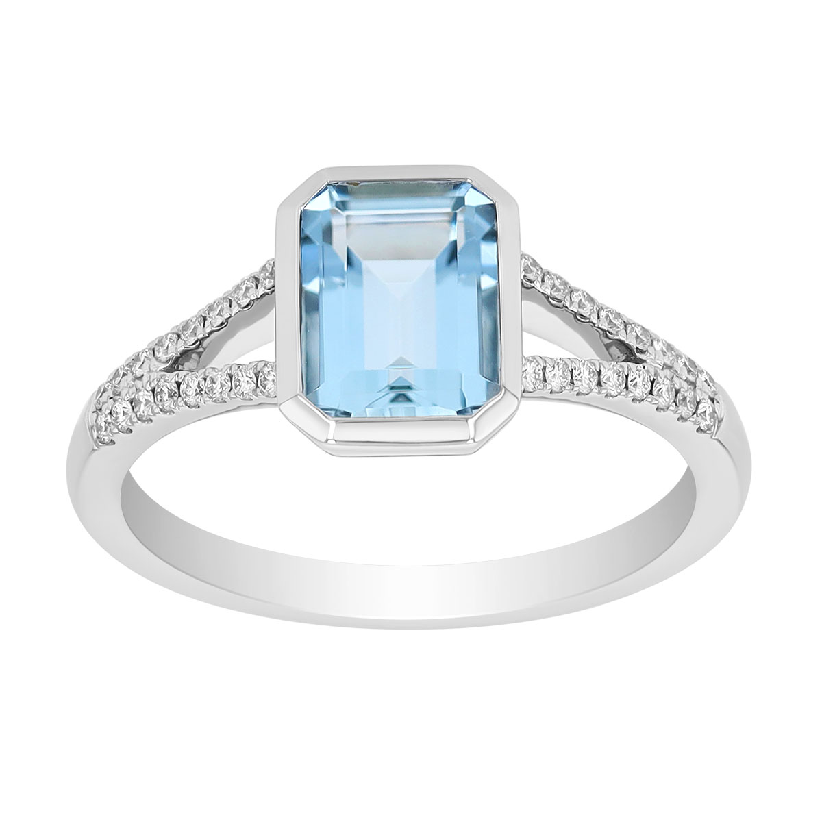 Bezel Set Emerald Cut Aquamarine & Diamond Ring in White Gold