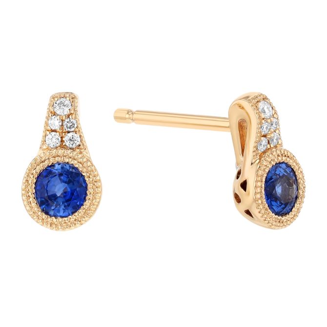 Bezel Set Round Sapphire & Diamond Milgrain Drop Earrings in Yellow Gold