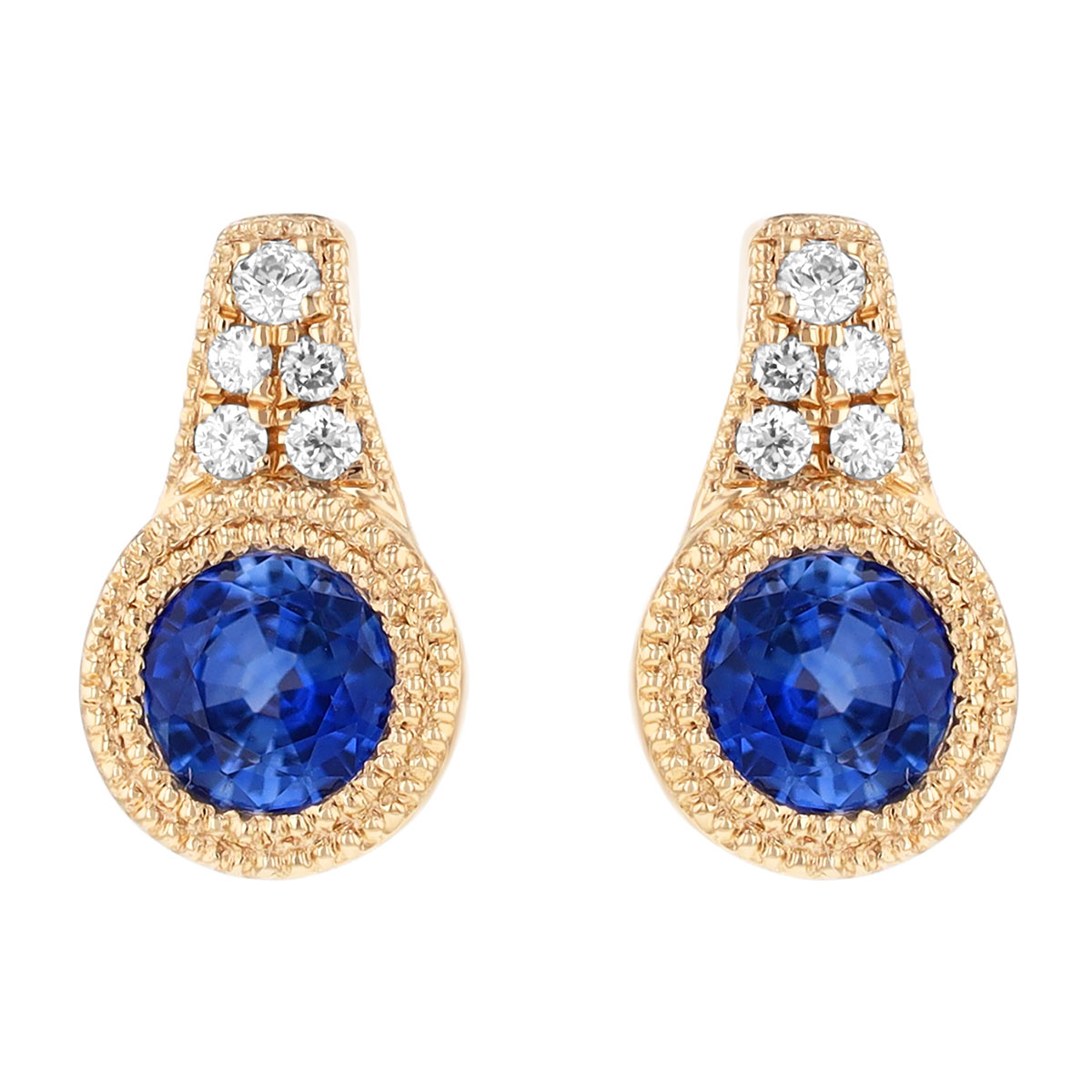 Bezel Set Round Sapphire & Diamond Milgrain Drop Earrings in Yellow Gold