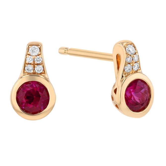 Bezel Set Round Ruby & Diamond Drop Earrings in Yellow Gold