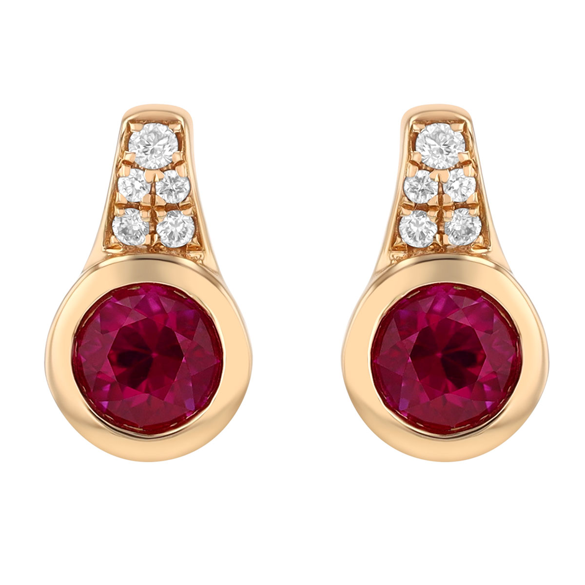 Bezel Set Round Ruby & Diamond Drop Earrings in Yellow Gold