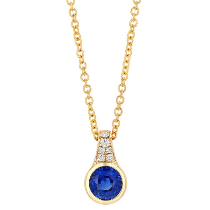 Bezel Set Sapphire & Diamond Pendant in Yellow Gold, 18"
