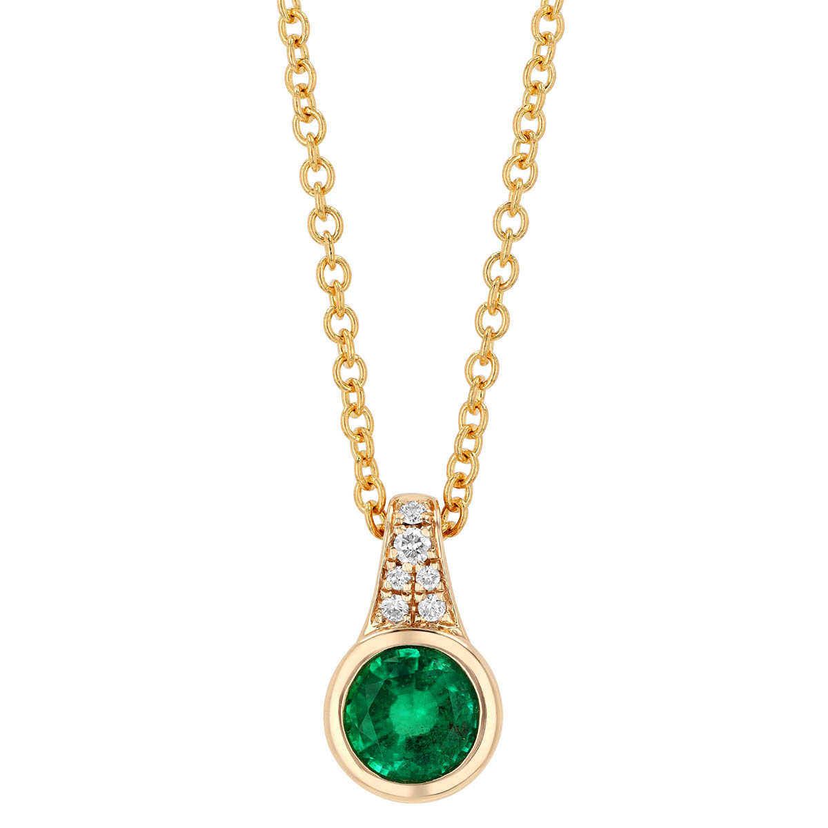 Bezel Set Emearld & Diamond Pendant in Yellow Gold, 18
