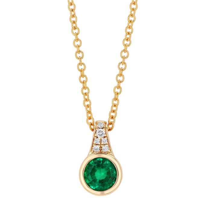 Bezel Set Emearld & Diamond Pendant in Yellow Gold, 18"