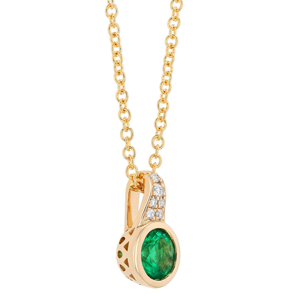 Bezel Set Emearld & Diamond Pendant in Yellow Gold, 18