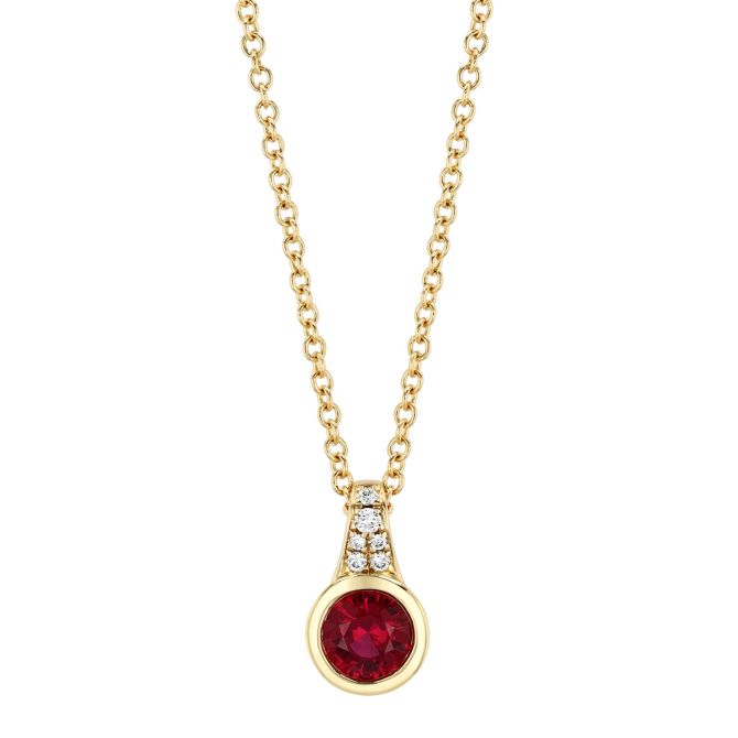 Bezel Set Round Ruby & Diamond Pendant in Yellow Gold, 18"