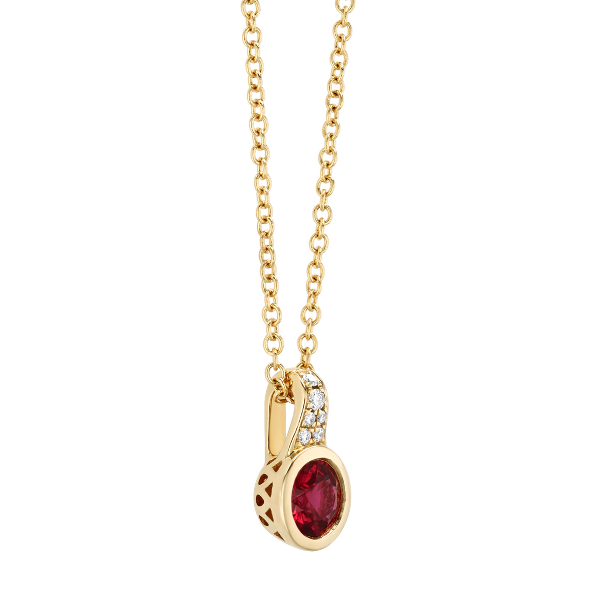 Bezel Set Round Ruby & Diamond Pendant in Yellow Gold, 18