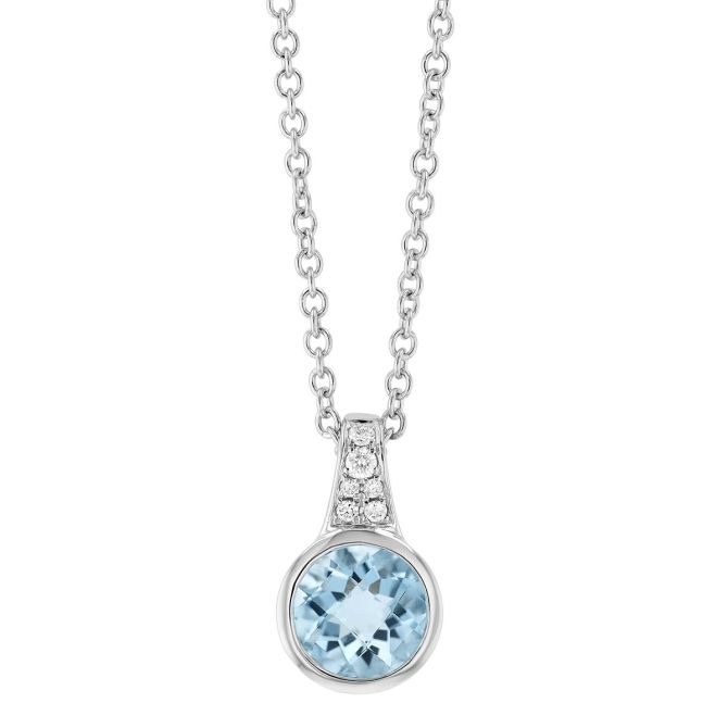 Bezel Set Round Aquamarine & Diamond Cluster Pendant in White Gold, 18"