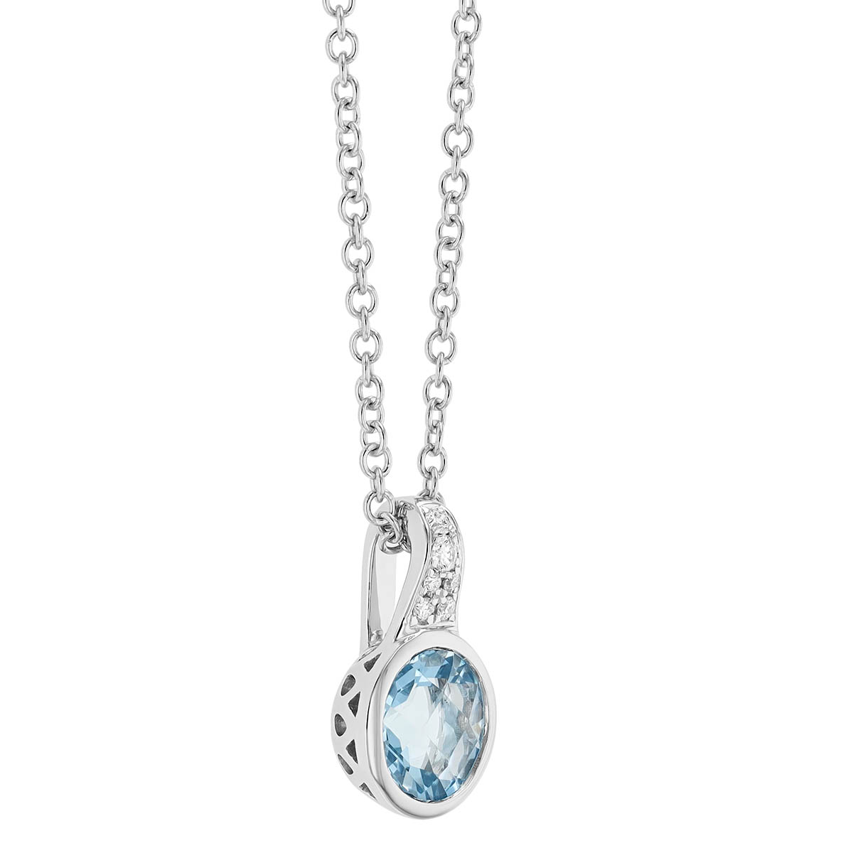 Bezel Set Round Aquamarine & Diamond Cluster Pendant in White Gold, 18