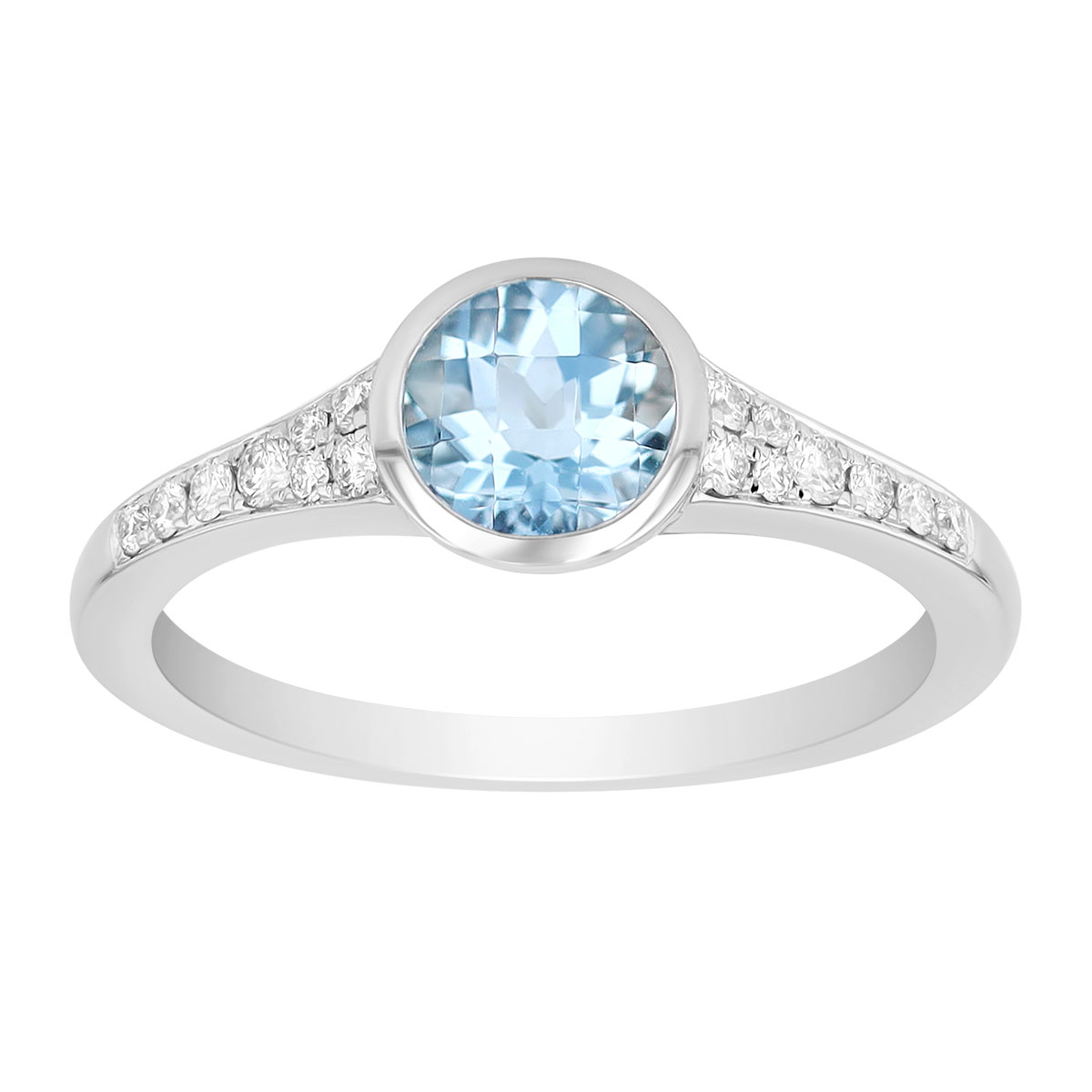 Bezel Set Round Aquamarine & Diamond Ring in White Gold