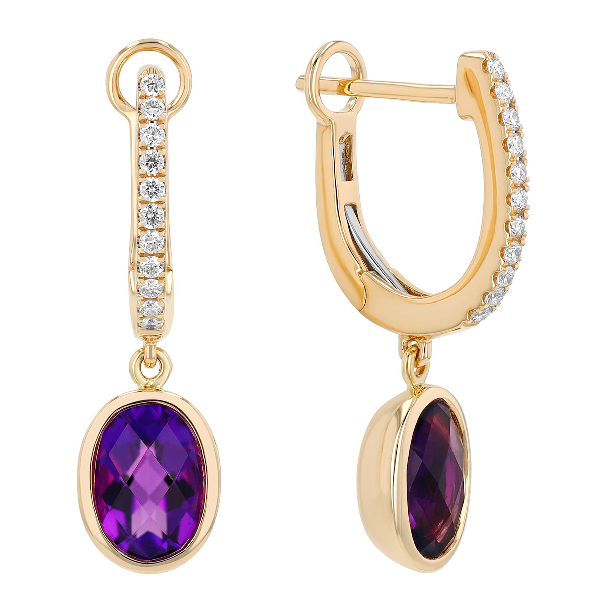 Bezel Set Oval Checkerboard Amethyst & Diamond Huggie Hoop Dangle Earrings in Yellow Gold