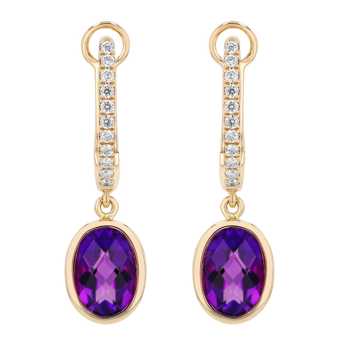 Bezel Set Oval Checkerboard Amethyst & Diamond Huggie Hoop Dangle Earrings in Yellow Gold